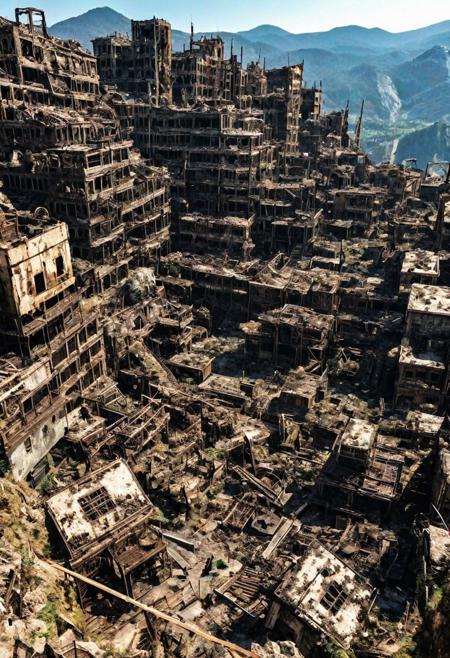 A large post-apocalyptic decayed city on top of a mountain, death city, tumb, catacumb, bones, skeletal city, city in multiple platforms, (putrefaction), diseased, mold, plague, pestilence,