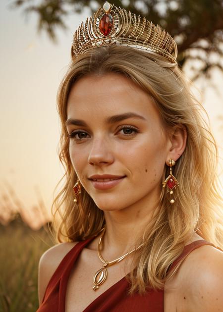 1girl, solo, smile, long hair, looking at viewer, blonde hair, brown eyes, jewelry, upper body, earrings, sleeveless, lips, tiara, crown, red shirt, realistic, fashion, Zimbabwe savannah background, Sunset, photorealistic, Face