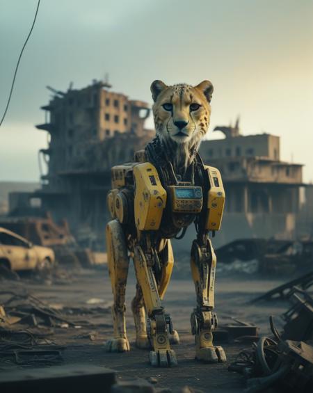 A cybernetic Cheetah stands amidst ruins, with one side resembling a mechanical robot and the other side retaining its natural fur. The background is a desolate wasteland with crumbling buildings, rusted machinery, and a toxic yellow sky. Incorporate subtle details like glowing blue circuits, exposed wires, and worn leather straps to convey a sense of decay and technological overreach