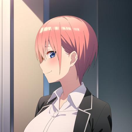 <lora:ichika:0.8> 1girl, solo, breasts, looking at viewer, blush, smile, bangs, blue eyes, large breasts, shirt, hair between eyes, closed mouth, school uniform, jacket, white shirt, upper body, open clothes, collared shirt, open jacket, black jacket, profile, nakano ichika