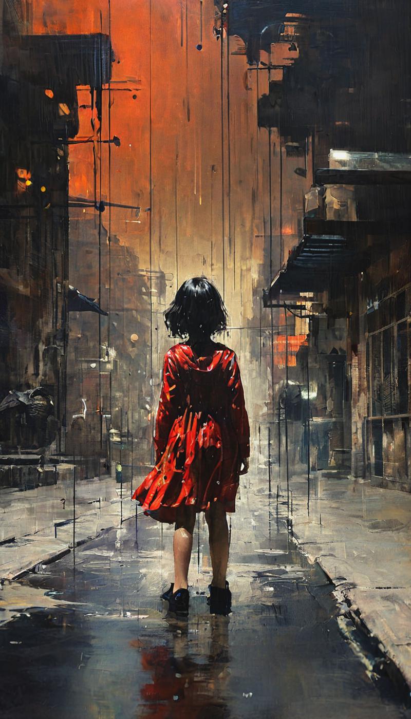 A girl in a red dress walking down a city street at night.