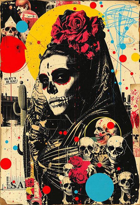 style of Butcher Billy. A pop art style mixed media collage artwork. Deconstructed, provocative, surreal, intense and chaotic composition. Street art textures, overlapping layers and vibrant retro colours. ((No text))
A punk stencil photocopy print of a magazine image of a Day of the Dead 1950s pinup. Print errors, halftone dots. grungy print registration errors.
Overlaying this are multiple layers of Mexican imagery, hand-drawn shapes and patterns, bold paint splashes, and chaotic vintage magazine picture cutouts and clippings. Partially covering this, these break up the outline. Next are layered sections of repetitive brightly coloured dots are spraypainted in Yayoi Kusama style - smears and spray. 
Torn vintage holiday postcards of luchadors, cactus and sugar skulls are glued to the layers. These partially hide sections of the images below. On the top layer are rough hand-drawn shapes, abstract patterns and love hearts scrawled heavy-handedly in blue biro.