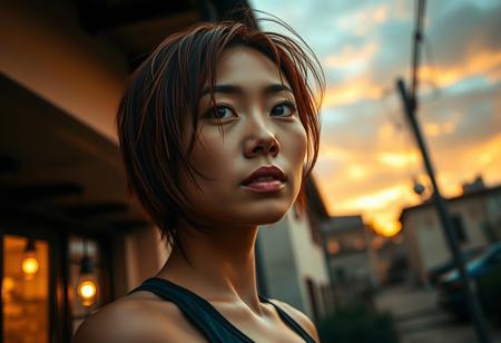 professional photography, up-scaled, close-up, low, angle, tanned skin asian woman, midlife, sporty, wet, short red hair, natural skin, no make-up, dreaming looking in the camera, a house, in a mediteranian town, late after sunset, detailed clouds, raing, dimm lanterns, warm color grading,