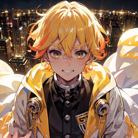 (((master piece))),((best quality)),((((city)))),mask,super hero helmet on, detailed,1boy, standing, yellow hair,white super hero costume,super hero helmet on,cape,cheerful,toothy grin,<lora:Zenitsu-06:0.9>, ultra detailed face,