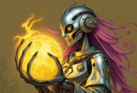 Create an elegant, highly-detailed illustration of a cyborg character inspired by the Raypunk style, incorporating elements of modern occultism and mysticism. The character should be holding a glowing, ornate ball and feature a mix of organic and mechanical components, with a focus on smooth shading and iridescent metals. The color scheme should primarily consist of silver and yellow hues, with accents of verdigris and other muted tones. Include subtle hints of the Plaguefather's influence, such as less prominent tentacles and a sense of mystique. The overall aesthetic should be reminiscent of the works of WLOP and Artgerm, with a focus on creating a masterpiece that would trend on Artstation. The character's hairstyle should be long and pink, flowing elegantly in the wind.