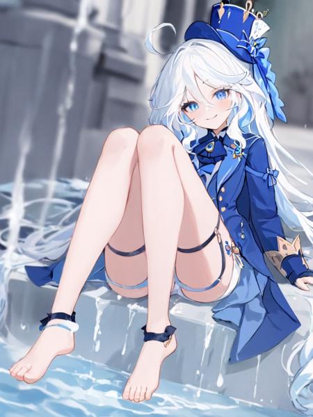 <lora:èå®å¨:1>,1girl, long_hair, solo, blue_eyes, looking_at_viewer, sitting, water, smile, barefoot, blue_headwear, shorts, hat, very_long_hair, blue_hair, jacket, long_sleeves, closed_mouth, soaking_feet, thigh_strap, blue_jacket, hair_between_eyes, white_hair, shirt, bangs, bow, ascot, multicolored_hair, top_hat, feet, blurry, open_jacket, toes, blue_bow, head_rest, bare_legs, legs, streaked_hair, short_shorts, brooch, blurry_background