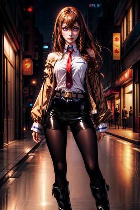 makise kurisu, purple eyes, brown hair, long hair, between eyes, long sleeves, white shirt, open clothes, necktie, shiny, collared shirt, belt, off shoulder, shiny hair, black pantyhose, short shorts, black shorts, red necktie, brown jacket, ankle boots,