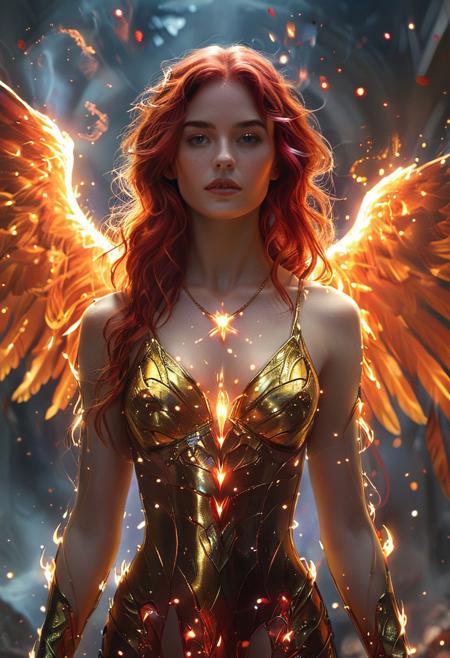 In Casey Baugh's evocative style, 1girl, solo, art of marvel Jean Grey woman in her Phoenix form, surrounded by flames,  long fiery red hair, ornate golden jewelry diadem, lips slightly parted, realistic detail, glowing phoenix aura blazing around her, fiery wings of flames unfurling, blurry background of cosmic debris, set against a cosmic background, captured in analog film grain, 4k, intense and dramatic, vintage look, <lora:Mystic_Lumina_r1:0.7>  , award winning art, marvel jean grey woman, <lora:marvel jean grey woman 1a:0.8>