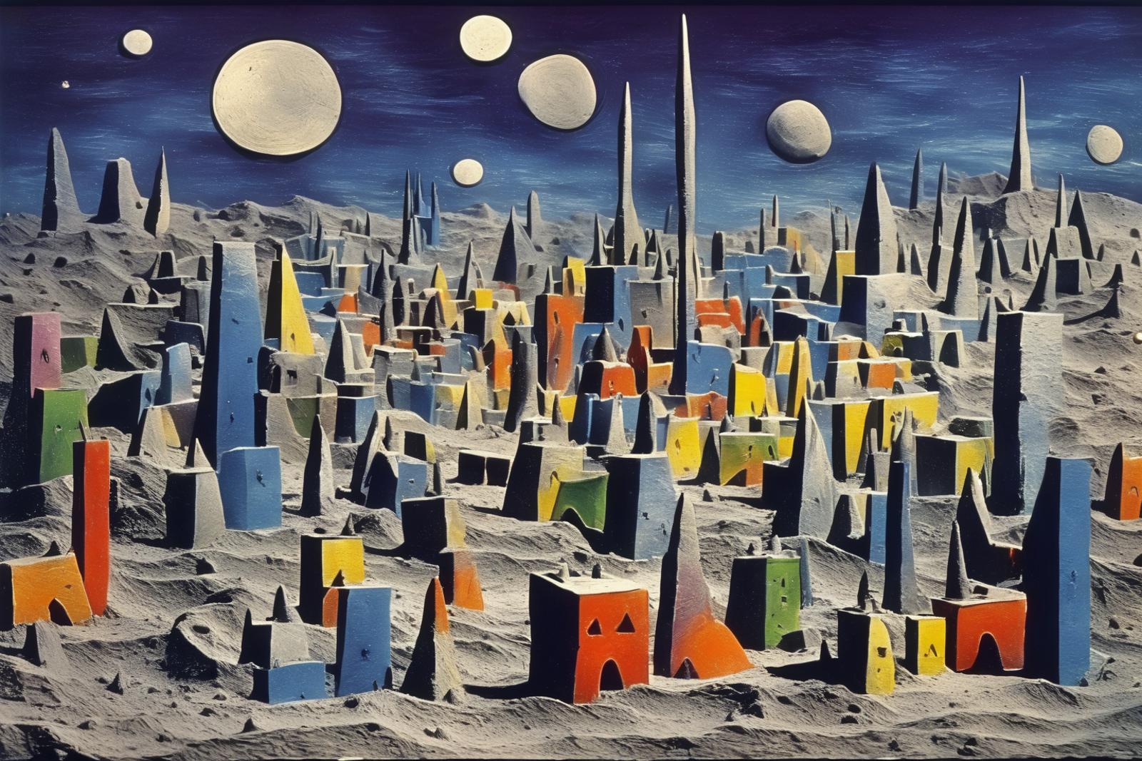 An Artistic Cityscape Painting with Colorful Buildings and Moons in the Background