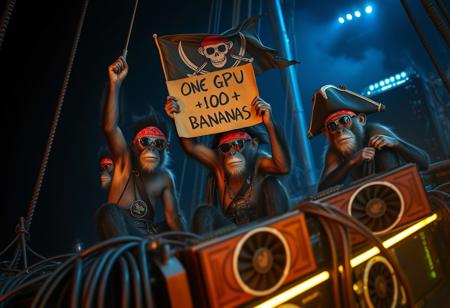 Zoomed in closeup, Hazey cinematic atmosphere, documentary action film, fantasy sci-fi movie, hyperrealistic, fullhd, night, nighttime, dark,  Pirate Monkeys wearing sunglasses and bandanas are celebrating a successful raid, one monkey holds up a cardboard saying "One GPU for 100 Bananas", thieves, on a boat, ship, pirate ship, pirate flags, pirate flag with monkey head and sabers, server equipment with many cables and wires, server racks, neon lights, the monkeys are sitting on dancing in celebration hardware trash, neonlamp strips, large graphics cards with many big cooling fans, massive GPUs, treasure