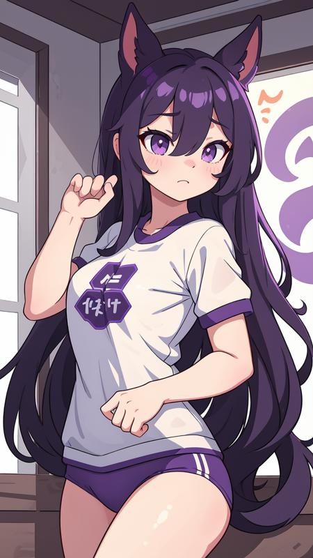 best quality, aesthetic, detailed, by ziyun, 1girl, rice shower, hair over one eye, long hair, horse ears, purple eyes, squiggle, sportswear, detailed face, dark room messy room, shadow dim light, rim lighting, cartoon style