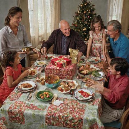 Photorealistic Image:
Subject Description: A family gathered around a dining table, adorned with a festive tablecloth and filled with delicious dishes. The father is handing a large, beautifully wrapped gift to his young, who is beaming with excitement.
Type of Image: Photograph
Art Styles: Realistic, with a touch of nostalgia
Art Inspirations: Steve McCurry, Annie Leibovitz
Camera: Wide shot, capturing the entire table and the expressions of the family members
Render Related Information: Pay attention to lighting and composition to create a warm and inviting ambiance. Use high resolution and high-quality textures to capture the details of the food, decorations, and wrapping paper. The image should evoke a sense of joy and togetherness.