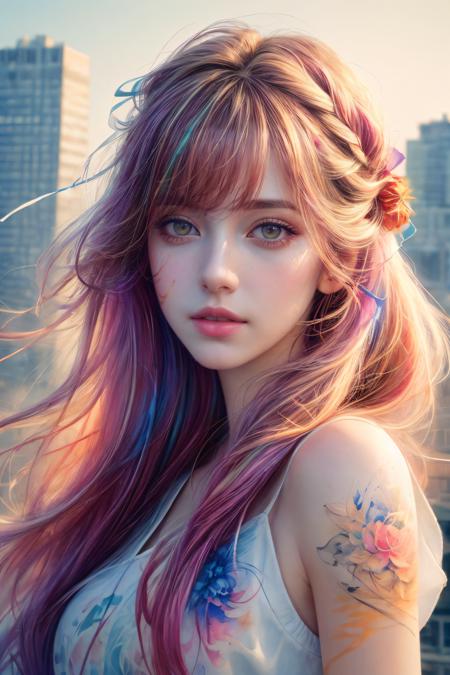 ((Best quality)), ((masterpiece)), ((realistic)),background tall building graffiti,((8k, best quality, masterpiece:1.1)),(best quality:1),(ultra highres:1),watercolor,a beautiful woman,hair ribbons,by agnes cecile,half body portrait,extremely luminous bright design,pastel colors,(ink:1.3),autumn lights,,<lora:add_detail:1>