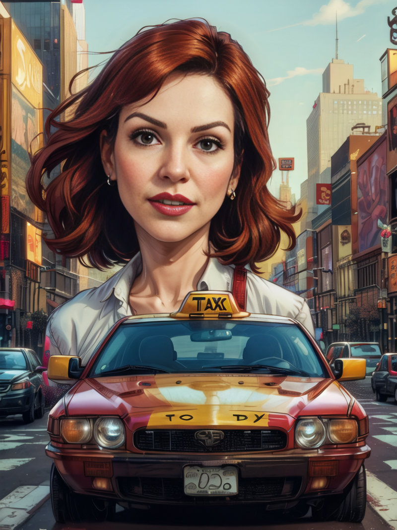 Marilu Henner is a taxi driver in New York City, add_detail, real life, hyperreal,