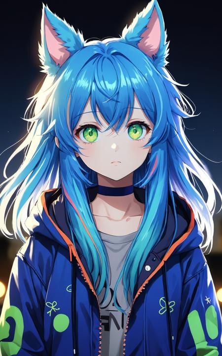 (1girl, solo:1.4), (multicolored hair:1.2), (blue hair:1.2), long hair, streaked hair, halo, looking at viewer, animal ears, green eyes, earring, blue jacket, choker, upper body, floating hair, open jacket
night, full moon, outdoors, ((anime:1.4)), 35mm, intricate details, hdr, intricate details, Detailed Fluffy Fur,  hyperdetailed, natural fur texture, hyperrealism, sharp
(hyperrealistic, cinematic light, depth of field)