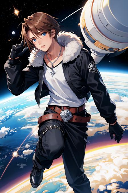 masterpiece, best quality, <lora:squall-nvwls-v1-000009:0.9> squall, scar, necklace, black jacket, fur trim, long sleeves, white t-shirt, black gloves, belt, black pants, boots, floating, outer space, black background, surprised, from above, looking at viewer, dynamic pose, knee up