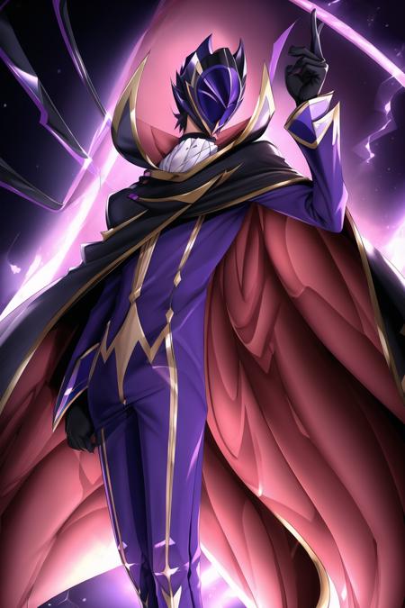 masterpiece, best quality,
solo, zero \(code geass\), close-up, mask on head, 
black cape, black gloves, cape, formal, gloves, high collar, long sleeves, mask, purple footwear, purple pants, purple suit, suit,
mksks style, professional lightning, spotlight, school, classroom,