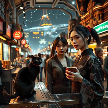 Setting is a futuristic cyberpunk street market at night, the market is comprised of street vendors selling robot parts, food, weapons, and robot pets. People wearing futuristic cyberpunk clothing are walking through the street market shopping and eating, A sleek black cat with red collar sits on a cluttered metal riveted counter with transparent top and micro-LED lighted computer components visible inside, Behind the counter is a huge ornate art deco steampunk commercial espresso machine of copper and brass, (((two beautiful women, 24 years old, are standing in the foreground, the women are very close together, one woman is speaking to the other who is facing the viewer with a steaming cup of espresso in her hand. Her eyes are beautiful and focused on the viewer, she has an expression of interested curiosity))), the sleek black cat with red collar is sitting on the desk and watching the people walking by in the busy street market, the woman is dressed in futuristic cyberpunk Japanese style yukata-style clothing combining a sexy and Japanese classic aesthetic. An enormous art deco inspired starship with futuristic lighting and an enormous space station are visible in the background among the stars, The woman's hair is elegantly tied up with a ribbon. Artistic cyberpunk, dynamic perspective, (((overall architectural aesthetic is Art Deco Cyberpunk))).  Epic image that elicits a feeling of wonder and awe, part of the interior is visible,
