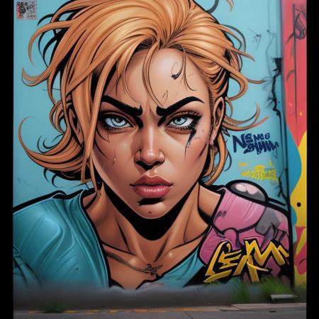 Masterpiece of painting, modern streetart, graffitti art, on a wall, huge, large, crazy painting, thick outlines, highlights, fadings, (comic style character:1.3), face, highly detailed, impressive, surprising, meaningful, fullscreen, taggings, frameless,