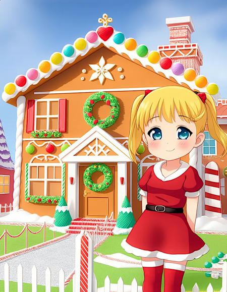 The image is a rendered theatrical anime scene of a front view of well crafted two-story gingerbread house. The house is constructed from gingerbread in a whimsical style, giving the scene a luxurious and magical festive ambiance. The house features a steeply pitched roof with colorful gumdrops running along the top, a symmetrical design and detailed craftsmanship with a mid-century design theme. The central front door includes a green and red wreath made of icing. The house is set on a grass lawn dusted with powdered sugar.


    Prominently featured close in the foreground on the right side is a grinning young tsundere chibi anime girl with blonde twintails hair and pretty blue eyes,  She's wearing zettai ryouiki white thighhighs, a glossy short sleeved red Santa Dress and red boots, she has blonde hair in twintails, her red dress has a teal triangles geometric border on the hem.