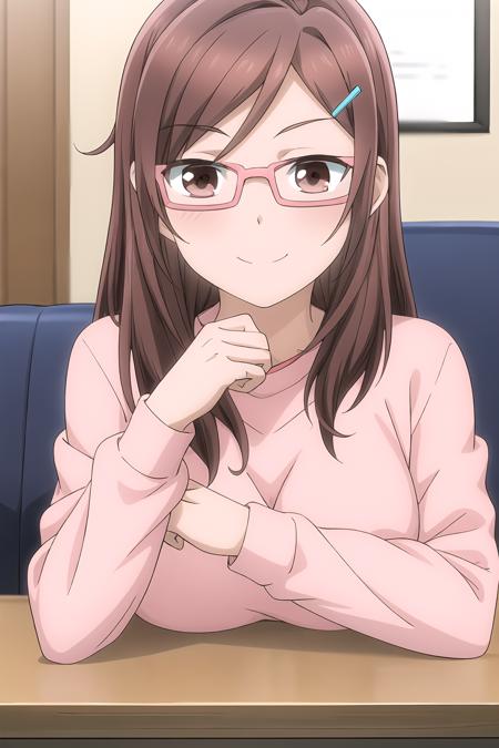 1girl, brown eyes, brown hair, glasses, hair ornament, hairclip,  indoors, looking at viewer, pink shirt, pink sweater, semi-rimless eyewear, solo, under-rim eyewear, kikuchi_akane, smile, Lying with one hand under the chin,  <lora:add_detail:0.65>