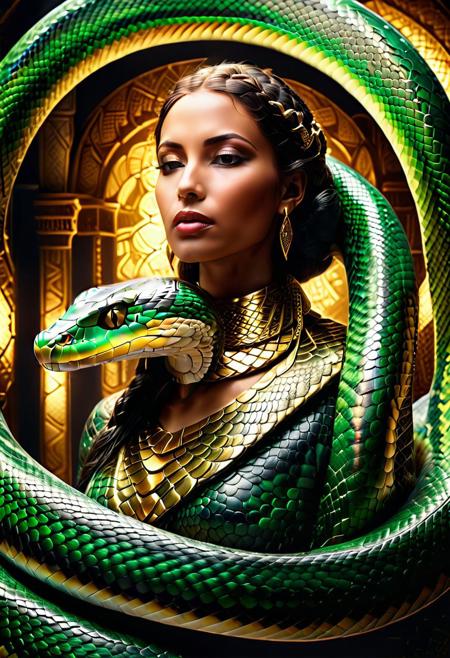 "A beautiful Egyptian lady wrapped by a snake around her neck, glowing under soft, eerie lighting, surrounded by discarded skin, detailed scales, surreal and unsettling atmosphere, photorealistic textures." <lora:SDXLFaeTastic2400:0.4> <lora:extremely_detailed:0.4> extremely detailed, <lora:sn4ke:1>,sn4ke, Masterpiece,best quality,hi res,8k,hi res,8k,award winning,(sharp focus, intricate, highly detailed), rating:safe