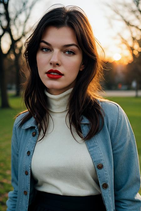 beautiful woman (millajovov:.99), perfect waist, closeup portrait, realistic, (detailed:1.15),(film grain, skin details, 4k:1), contempt, Dappled Light, analog style (look at the viewer), (skin texture), (film grain), (hyper-realistic texture skin:1.3), cinematic light, sidelighting, ultra high res, best shadow, RAW, beautiful hair, designer jacket, fashionable skirt, turtleneck shirt, winter city park, professional model photoshoot, hdr, sunset, (red lips)