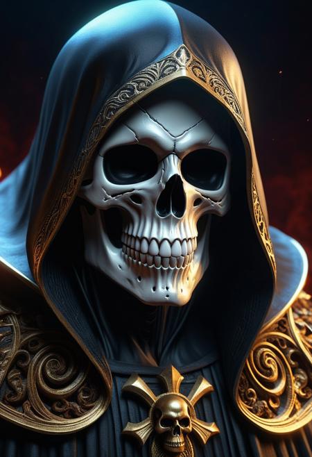 grim reaper, skull, ornate, metaliic, death, spiral, horror, Hyperrealistic, splash art, concept art, mid shot, intricately detailed, color depth, dramatic, 2/3 face angle, side light, colorful background, hyperrealistic, 2025, low poly, isometric art, 3d art, high detail, artstation, concept art, behance, ray tracing, smooth, 3D shading, sharp focus, ethereal lighting, perfect, highly detailed, buxom, textured, Drawn By Curt Swan, Jim Aparo, Brett Breeding, perfect eyes