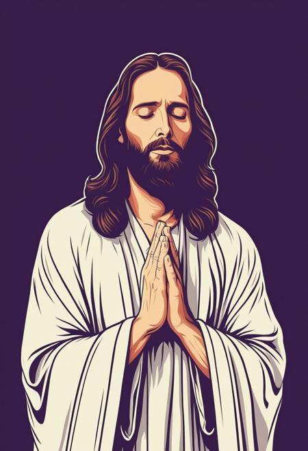 psztzz, Jesus Christ, solo, long hair, beard, seamless robe, own hands together in prayer, praying, portrait, vector art, religious themes, Christianity, background cross, flat coloring, cel shaded, cel shading, illustration, vector illustration, vector coloring, masterpiece, best quality,