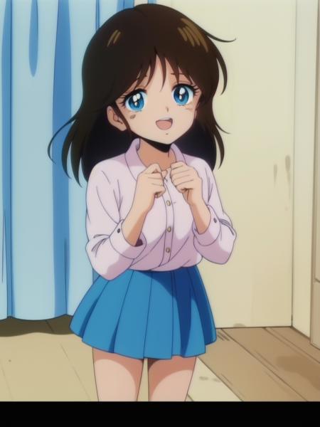 <lora:NonomuraAmi_BeMybaby:0.8> NonomuraAmi,  1girl, soro, 11 years old, blue eyes, open mouth, long hair, brown hair, standing,  long sleeve, light blue skirt, room, smile, blush,
1980s \(style\), anime, anime_screencap, animated gif, mp4 ,video, animated, retro artstyle,