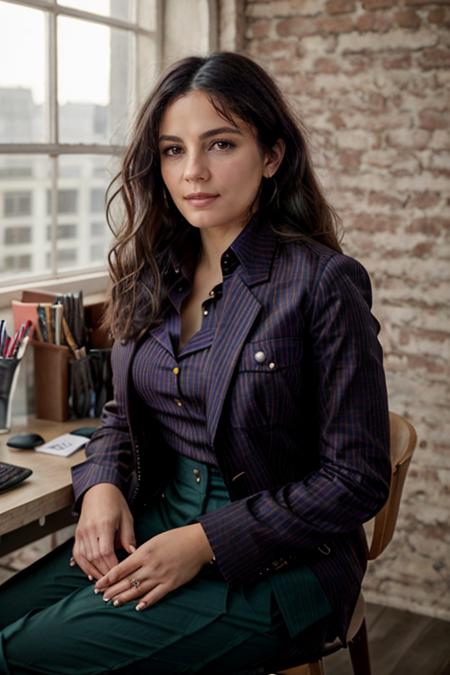 <lora:Monica1873Bar:0.9> a woman, m1873b, solo, wearing blouse, waistcoat,. jacket, trousers, in an office, wavy hair,
