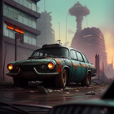 a futuristic version of classic trabant car, in destroyed apocalyptic city, simon stalenhag, sci-fi, realistic, intricate detail, 4k, highly saturated colors,
(art by SEL-FOC:1.1),