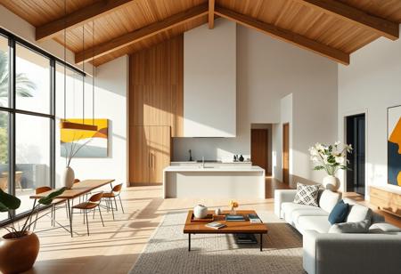 A serene Japandi kitchen and living room interior view, combining tropical elements with modern art movements such as post-painterly abstraction, hard-edge painting, and geometric abstraction. The design emphasizes structural clarity and dynamic composition, blending sculptural forms and geometric accents with a minimalist approach. Clean lines and open spaces enhance the calm atmosphere, while non-representational art introduces a sense of movement and depth.
Apply 60-30-10 rule: 60% primary color as light wood and earthy tone, 30% secondary color as light grey, 10% decoration color as mustard yellow, navy blue. The interior integrates natural materials like wood, bamboo, metal, fire, earth, and water. These materials are complemented by bold color fields and sharp-edged geometric forms that reflect the modern art influences. Calligraphy serves as a cultural touchpoint, subtly blending with the non-representational art to maintain the balance between tradition and modernity.
Sculptural forms are used to create focal points in the space, drawing attention to the dynamic contrasts between sharp geometric lines and organic materials. Natural light plays a crucial role, casting shadows across the minimalist interior and enhancing the interplay between solid, abstract forms and soft natural textures. The overall design balances simplicity with artistic expression, resulting in a tranquil yet visually stimulating duplex interior that merges tradition with modern art.