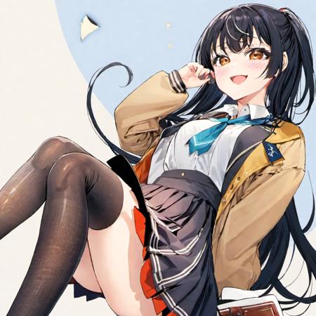 suou yuki, 1girl, young woman, solo, standing, portrait, cowboy shot, masterpiece, best quality, high quality, absurd res, black hair, brown eyes, school uniform, blush, smile, open mouth, bangs, skirt, long sleeves, ribbon, school uniform, jacket, shoes, socks, kneehighs, loafers, medium breasts, very long hair, ink outline, cute eyes, large eyes, [simple white background|forest background|waterfall background|couch background|school background|hallway background],