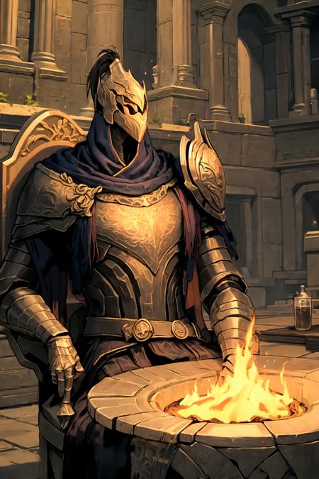 knight, sitting, helm , cloak, <lora:Artorias:0.8>, night, fire,