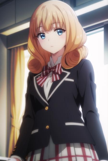 rikasaionji, <lora:rika saionji s1-lora-nochekaiser:1>,
rika saionji, blue eyes, orange hair, freckles, 
BREAK skirt, gloves, bow, school uniform, jacket, plaid, plaid skirt, blazer,
BREAK indoors, classroom,
BREAK looking at viewer,
BREAK <lyco:GoodHands-beta2:1>, (masterpiece:1.2), best quality, high resolution, unity 8k wallpaper, (illustration:0.8), (beautiful detailed eyes:1.6), extremely detailed face, perfect lighting, extremely detailed CG, (perfect hands, perfect anatomy),