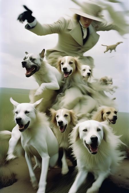 <lora:Tim Walker Style:1>Tim Walker Style - wild renaissance action shot. movement. dogs around around surreal landscape. much detail. photographed