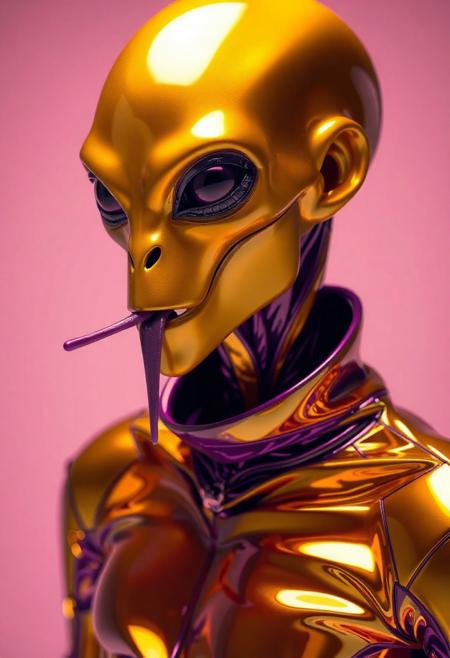 abstract male alien model in latex shiny full body outfit  avant-garde style with reflective gold and purple bold Color Scheme   He has a small nose and slim mouth with a long tongue