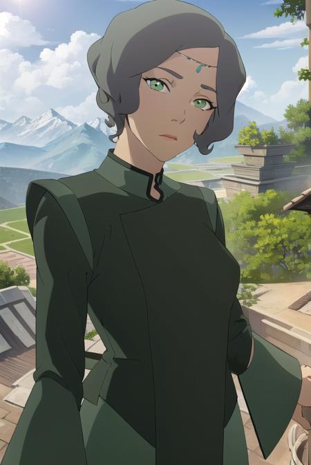 avatarsuyin, <lora:avatar suyin-lora-nochekaiser:1>,
suyin, short hair, grey hair, (green eyes:1.5), dark skin, dark-skinned female,
BREAK robe, long sleeves, dress, black dress,
BREAK outdoors, forest, nature, grass, trees, sun, sky, clouds,
BREAK looking at viewer, (cowboy shot:1.5),
BREAK <lyco:GoodHands-beta2:1>, (masterpiece:1.2), best quality, high resolution, unity 8k wallpaper, (illustration:0.8), (beautiful detailed eyes:1.6), extremely detailed face, perfect lighting, extremely detailed CG, (perfect hands, perfect anatomy),