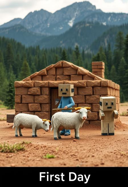 Hyper-realistic photograph of a square man, square cow and square sheep in front of a dirt house made of square dirt blocks in front of a forested mountain range.
All have square heads and square bodies, the sheep and the cow graze. The man stands in the middle holding a wooden pick axe. The house has walls and roof made of dirt with a wooden plank door and a smoking chimney. Text at the bottom reads "First Day"
