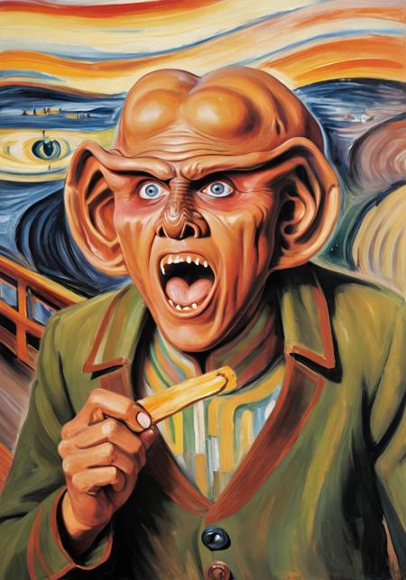 (quark man screaming1.2), painting (The Scream by Edvard Munch1.4),oil painting of (The Scream by Edvard Munch:1.4), hands on his head, looking at viewer, (textured canvas paint, bold strokes), masterpiece, 8k, insanely detailed. <lora:Quark-Man-SDXL:1>