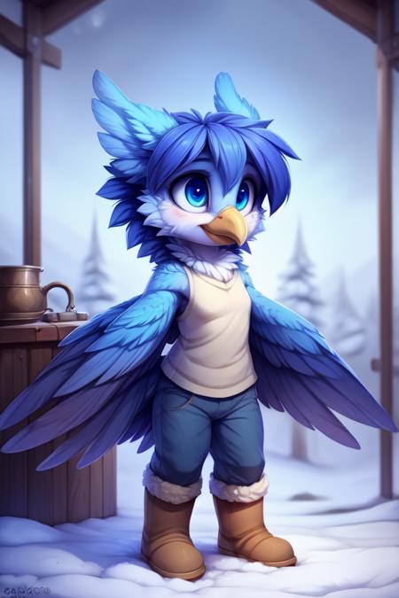 marlet bird, blue feathers, wing arms, blue eyes brown boots, blue pants, white shirt