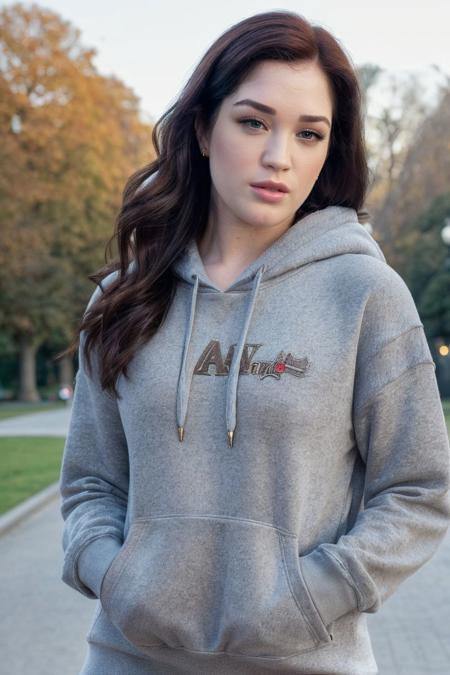portrait of S370_EvelynClaire,a gorgeous woman,in a (park:1.1),wearing a (hoodie:1.1),(4k, RAW photo, best quality, 35mm, depth of field, ultra high res:1.1),(intricate, photorealistic, cinematic-shot, masterpiece, ultra-detailed:1.1),