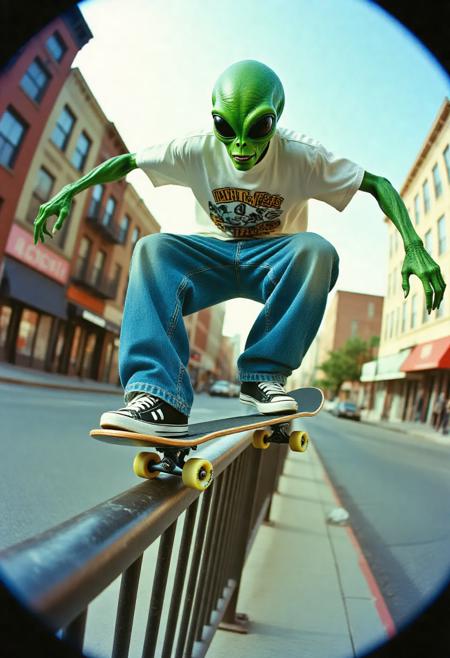 a y2k style photograph of an alien with green skin wearing hiphop style clothing with baggy blue jeans and a white tshirt skateboarding through a city street. The alien is rideing the skateboard along a metal railing as the alien balances on the board with his arms streached out beside him. The shot is taken with a y2k photography style fisheye lense without any black borders or cut off parts of the image. The alien is grinding along the railing, the skateboard is on top of the railing.
