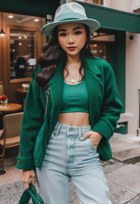 photo of a woman in a green hat and blue jacket, red lip, high detailed skin, skin pores, 8k uhd, dslr, soft lighting, high quality, film grain, Fujifilm XT3, dynamic pose,