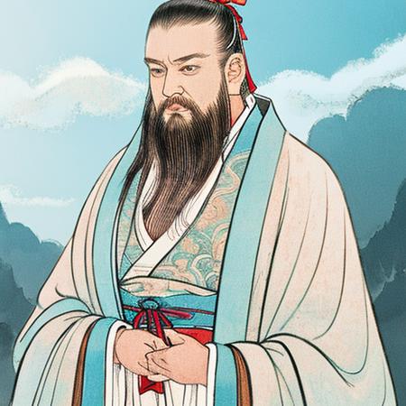 masterpiece, traditional_media, best quality, realistic, extremely detailed CG , 1boy,beard,hanfu, long sleeves, portrait,  solo,  ribbon, cloud,  sky ,<lora:xuanxue_v2.0:0.55>,handsome