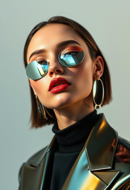 The reflective surfaces of her earrings and outfit create a dynamic interplay with the environment, emphasizing her sleek presence. The minimalist background allows the viewer to focus on her eye-catching fashion and makeup. Captured with a Sony A7R IV camera and a 50mm f/1.2 G Master lens for a beauty editorial shoot, this composition highlights her fashion-forward aesthetic. Inspired by avant-garde fashion photography from Sølve Sundsbø, this image blends contemporary fashion and minimalist elegance, embodying mythp0rt and niji_flux styles for a sleek, high-fashion vision. ((glow_skin, iridescent skin, oily skin, portrait))