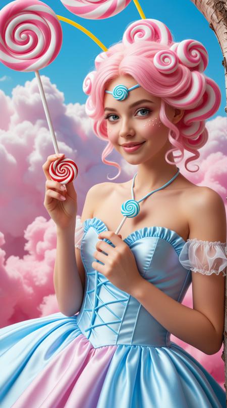 A closeup of a A whimsical, sugar-coated sorceress with cotton candy hair and a lollipop-tipped wand, stands amidst a fantastical landscape of bubblegum clouds in a pastel sky, where sweet dreams grow on candyfloss trees that resemble twisted, colorful lollipops. Her slender, elongated body is wrapped in a flowing, layered gown made of what appears to be pulled sugar, in shades of pale pink, baby blue, and yellow, with intricate, swirling patterns that evoke the sensation of spun sugar. The sorceress's eyes shine like glistening, sugar-coated jewels, as she gently plucks a sweet dream from a nearby tree, its fluffy, cotton candy-like tendrils stretching and swirling around her fingers like ethereal, edible mist. With a delicate, sugar-dusted smile, she brings the sweet dream to her lips, and as she inhales its fluffy, cotton candy-like essence, her eyes sparkle with an inner light, as if the very sweetness of the dream is infusing her being with an otherworldly energy.,