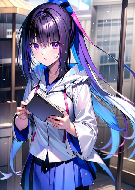 ((masterpiece)), ((best quality)), ((highres)), ((extremely detailed CG unity 8k wallpaper)), solo, outdoors, ((white hoodie)), ((blue skirt)), ((raining)), ((wet)), <lora:karasuba:1>, karasuba, ponytail