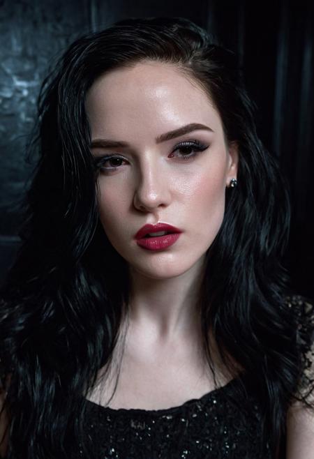 woman, pale, pale skin, (freckles:0.2), black hair, black dress, large lips, dark indoor background, SGgirl, 20yo, , hoop earrings, sweating, oiled skin, holding a remote control, goth, alternative, ,
detailed face, detailed hair, fully clothed, extremely detailed, very detailed skin, detailed skin, realistic skin,   long hair, cinematic lighting, volumetrics dtx,     cleavage, small breasts, skin pores, photographic, photography, photograph, skin pores, excessive lip filler, very puffy lips, very wide lips, gigantic lips, inconvenient lips, pouting lips, huge eyes